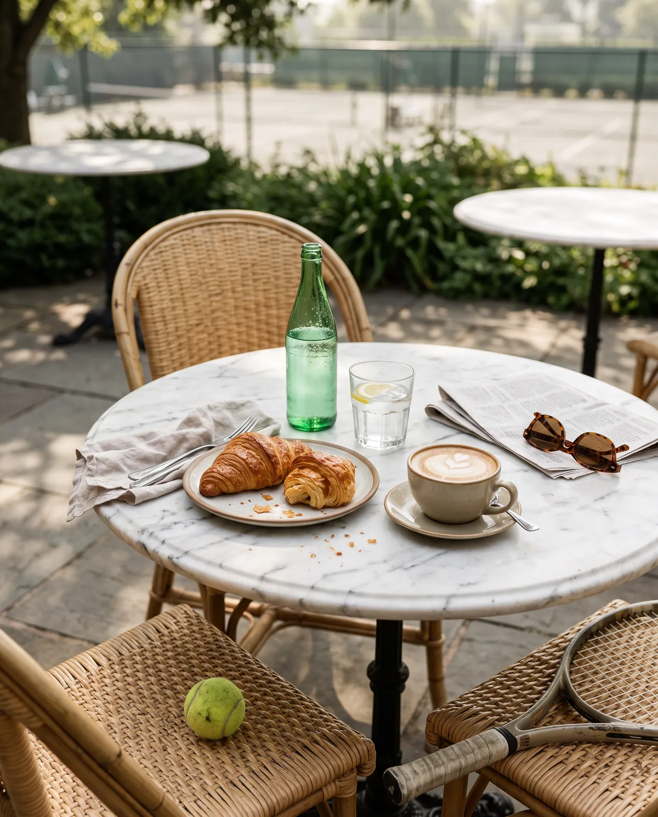 Brunch du club house sur une table en marbre, avec raquette et balle sur la chaise voisine