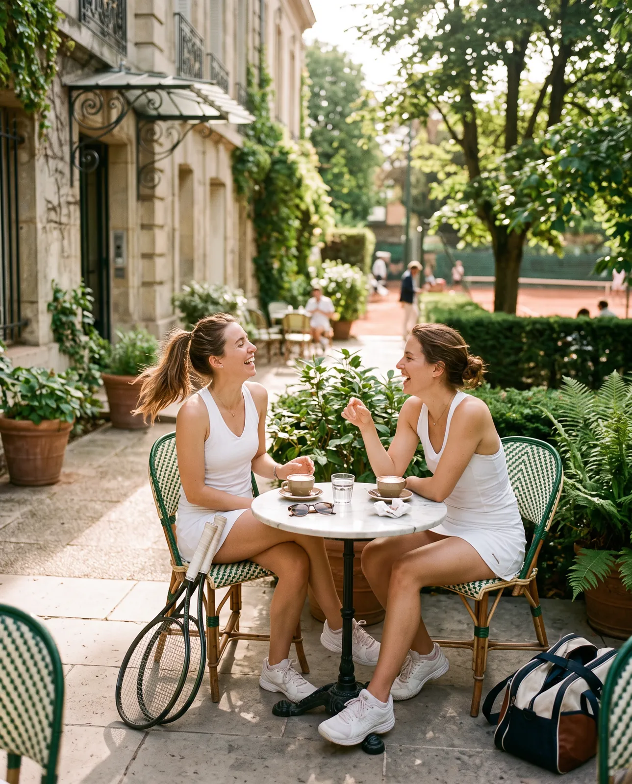 Deux amis en tenue de tennis partageant un café sur la terrasse du club