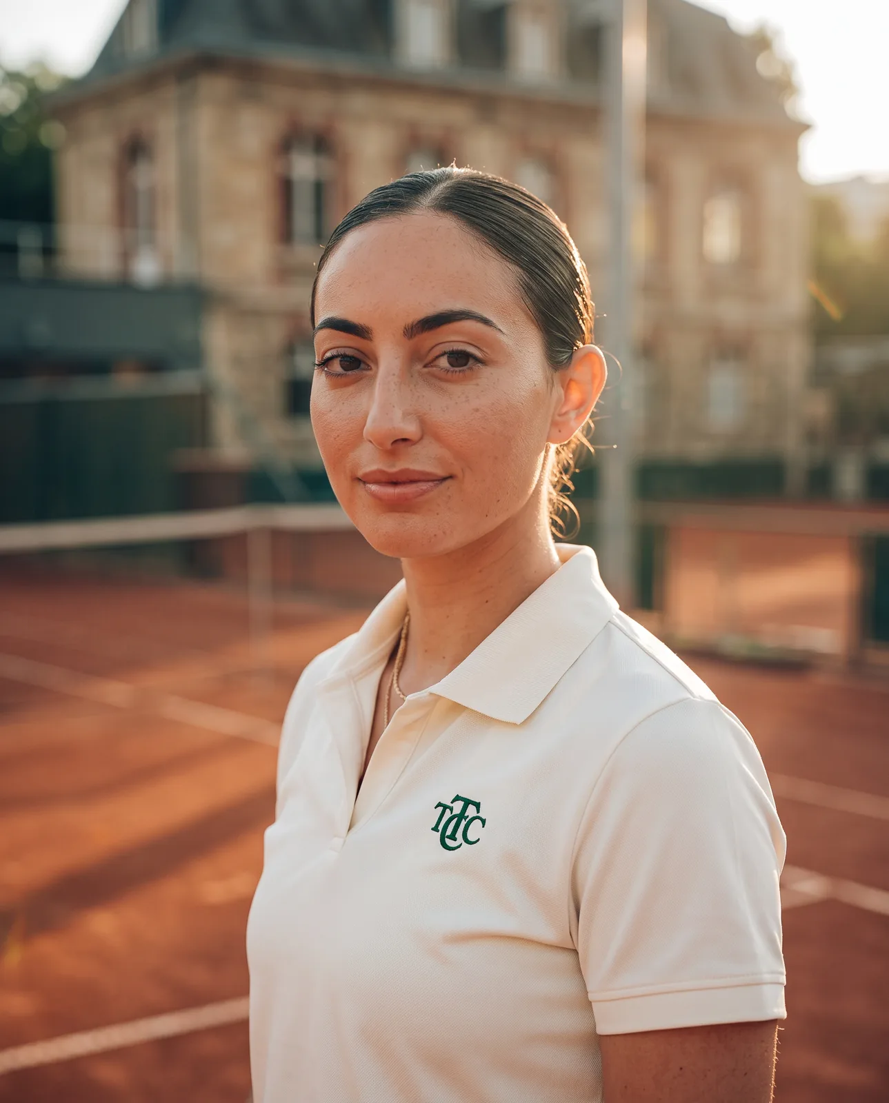 Portrait de Morgan, coach du club, en polo crème au monogramme TCC