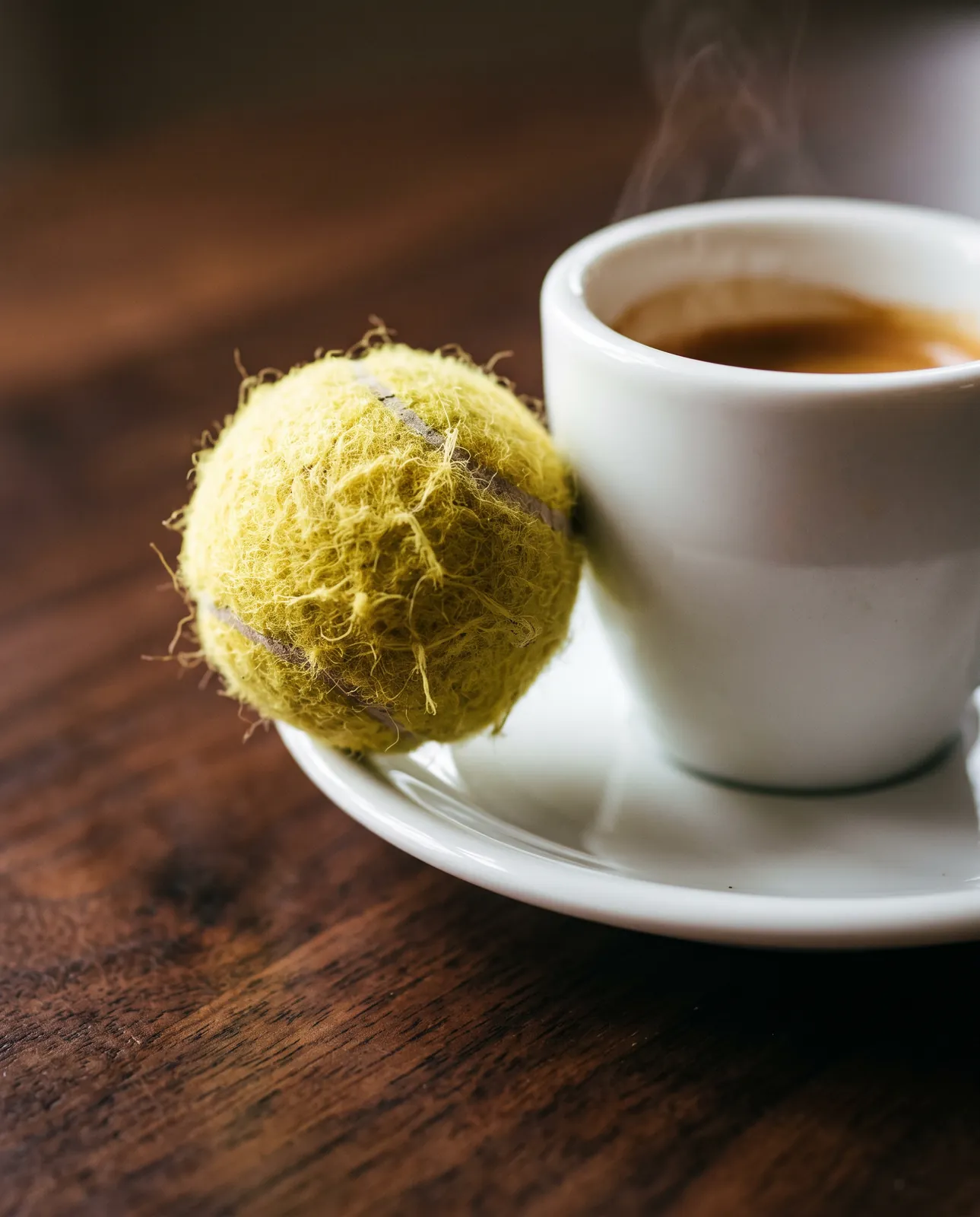 Balle de tennis posée contre une tasse d’espresso