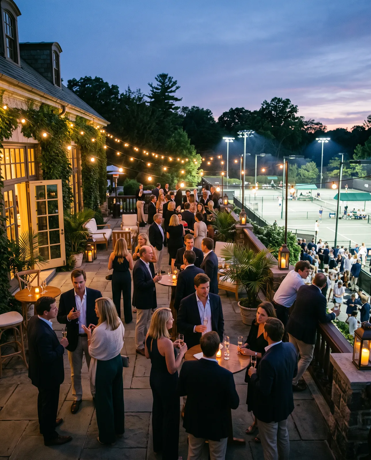 Soirée de gala sur la terrasse du club, guirlandes lumineuses et coupes de champagne