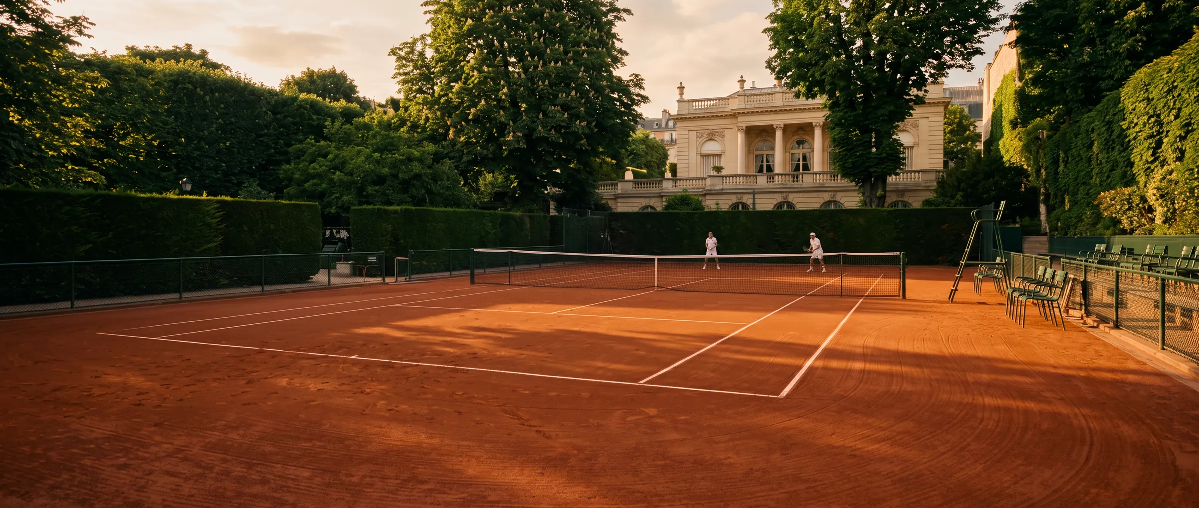 Court de terre battue au coucher du soleil dans un club parisien d’exception, vue ultra grand-angle