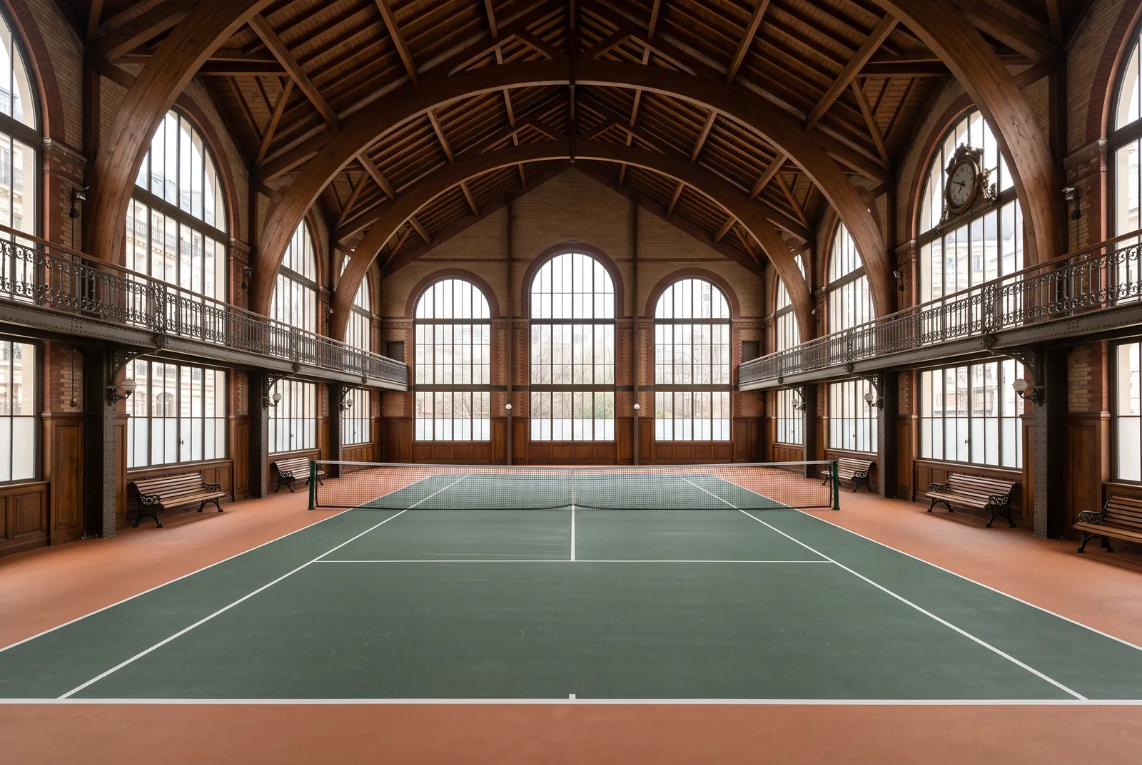 Court de tennis couvert sous une charpente en bois et de hautes verrières